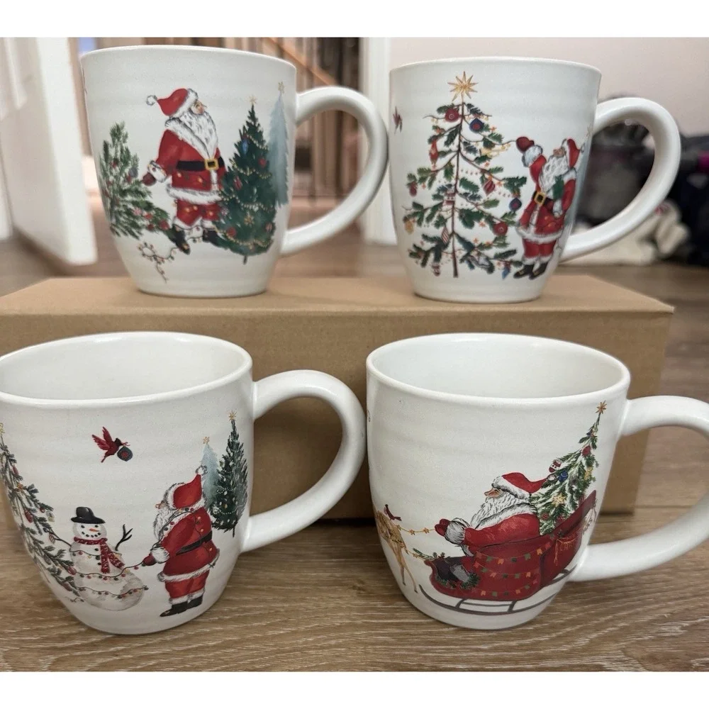 Pottery Barn Christmas in the Country Mugs Set of 4 Santa Holiday Stoneware